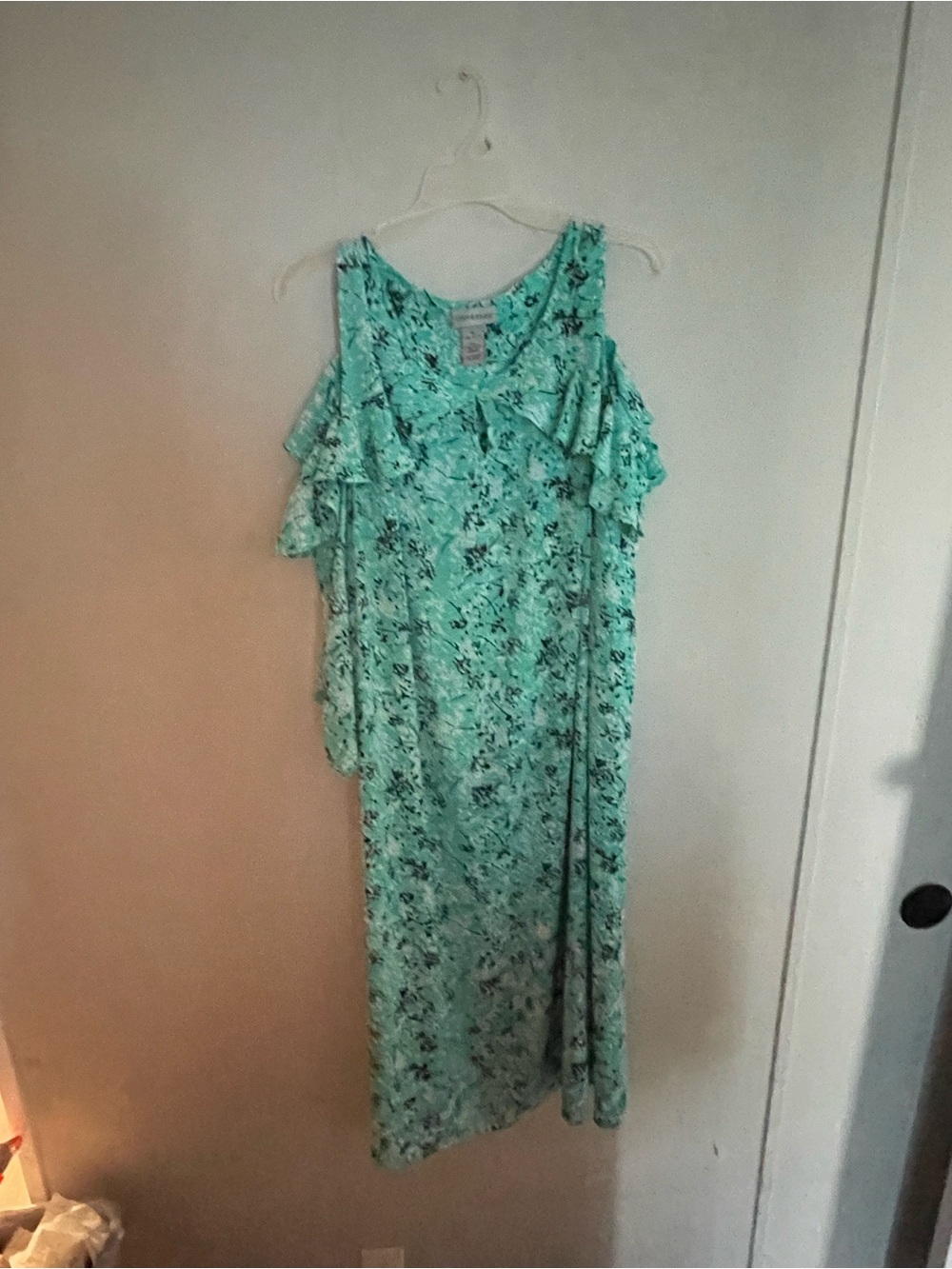 Catherines Mint Floral Ruffle-Shoulder Maxi Dress